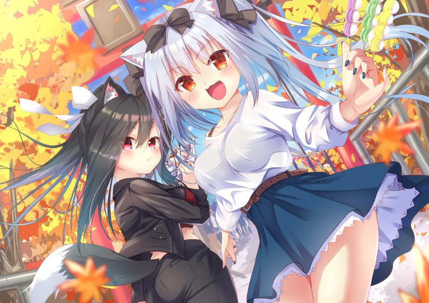 2girls :d alternate_costume animal_ears autumn_leaves azur_lane bangs baozi belt black_hair black_shorts blue_sky blurry bow casual cat_ears clouds cloudy_sky commentary_request contemporary dango depth_of_field eating eyebrows_visible_through_hair food from_behind hair_between_eyes hair_bow hair_ribbon holding holding_food holding_skewer leaning_forward long_hair looking_at_viewer midriff multiple_girls nail_polish open_mouth pocket ponytail red_eyes ribbon shigure_(azur_lane) shorts sidelocks sky smile tail torii tree tsukiman twintails wagashi white_hair wind wolf_ears wolf_tail yukikaze_(azur_lane)