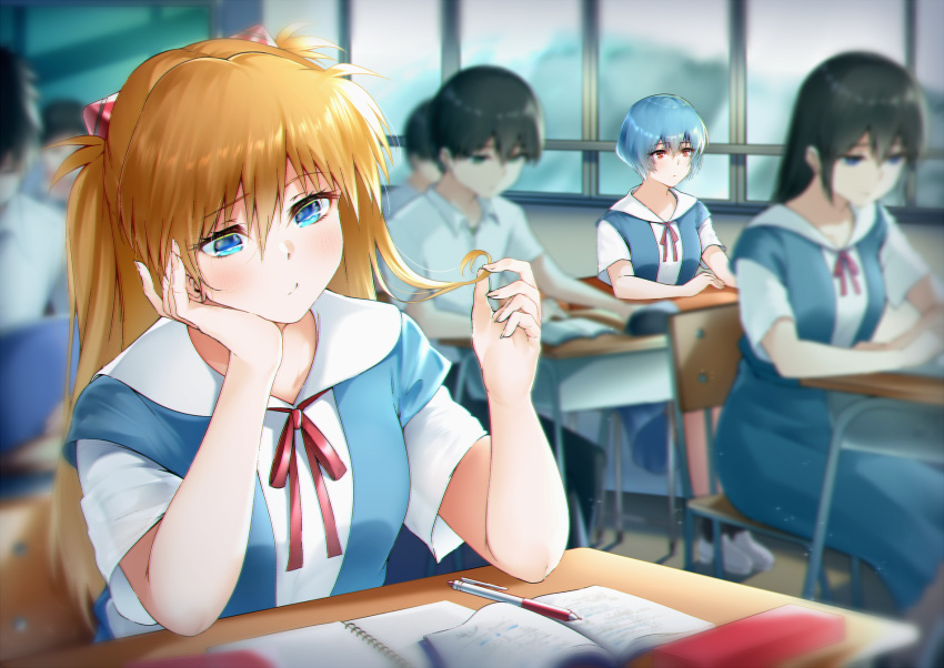 3girls 4boys :t ayanami_rei black_hair blue_eyes blush brown_hair classroom desk green_eyes hair_between_eyes head_rest highres interface_headset len_(hand_linke) mechanical_pencil multiple_boys multiple_girls neon_genesis_evangelion notebook pencil red_eyes school_desk school_uniform skirt souryuu_asuka_langley suspender_skirt suspenders white_footwear