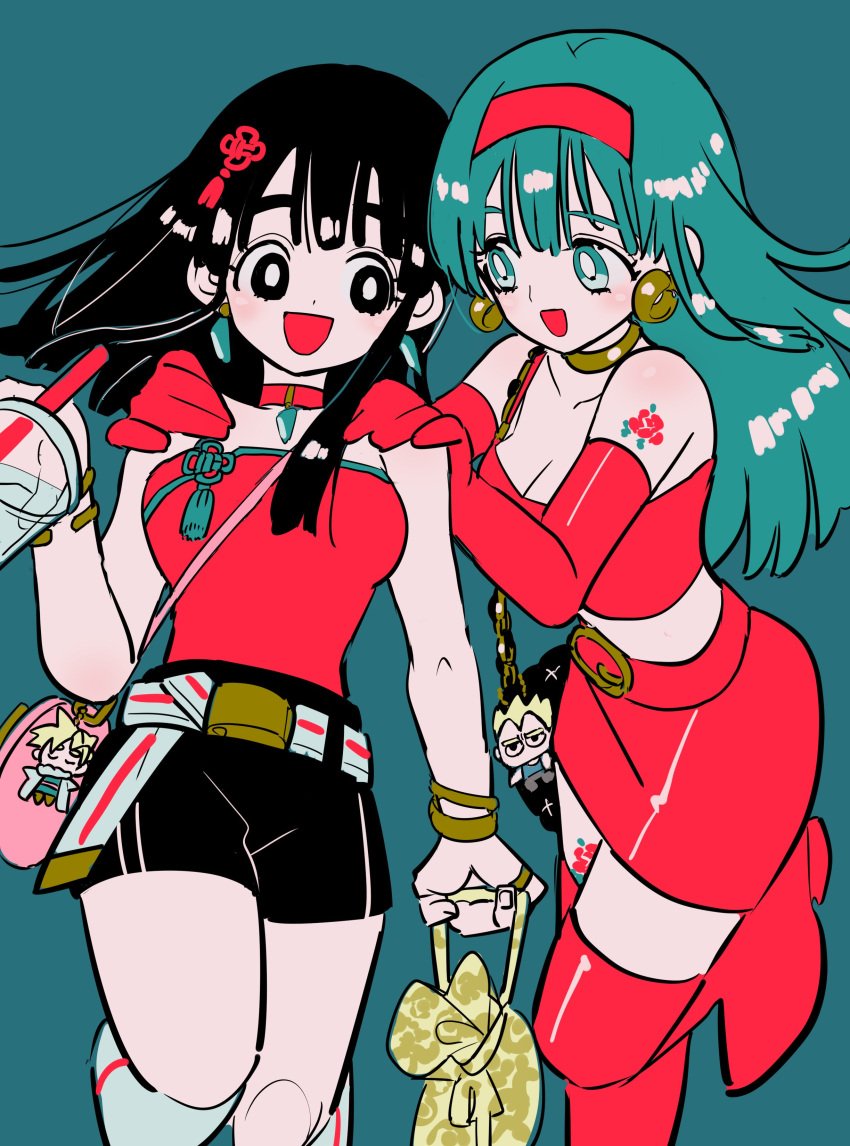 2girls absurdres alternate_costume aqua_background aqua_eyes aqua_hair bag belt black_eyes black_hair black_shorts blonde_hair boots bra_(dragon_ball) bracelet breasts cape character_doll charm_(object) choker collarbone contrapposto crop_top cup disposable_cup dot_nose dragon_ball dragon_ball_gt drink drinking_straw earrings elbow_gloves eyelashes fashion floating_hair flower flower_tattoo foot_up frown gloves hair_between_eyes hair_flower hair_ornament hairband hand_up handbag hands_on_another's_shoulders highres holding holding_cup hoop_earrings horizontal_pupils jewelry kodama_(marugoto_omikan) leg_tattoo light_blush limited_palette long_hair medium_breasts medium_hair midriff multiple_girls neck_ring no_mouth open_mouth pale_skin pan_(dragon_ball) pouch red_belt red_choker red_footwear red_gloves red_hairband red_skirt ring serious shiny shiny_hair short_shorts shorts shoulder_tattoo simple_background skirt smile solid_oval_eyes son_gohan spiky_hair standing standing_on_one_leg strapless striped striped_belt super_saiyan super_saiyan_1 tareme tassel tattoo thick_thighs thigh-highs thigh_boots thighs unmoving_pattern vegeta white_belt white_cape wide-eyed