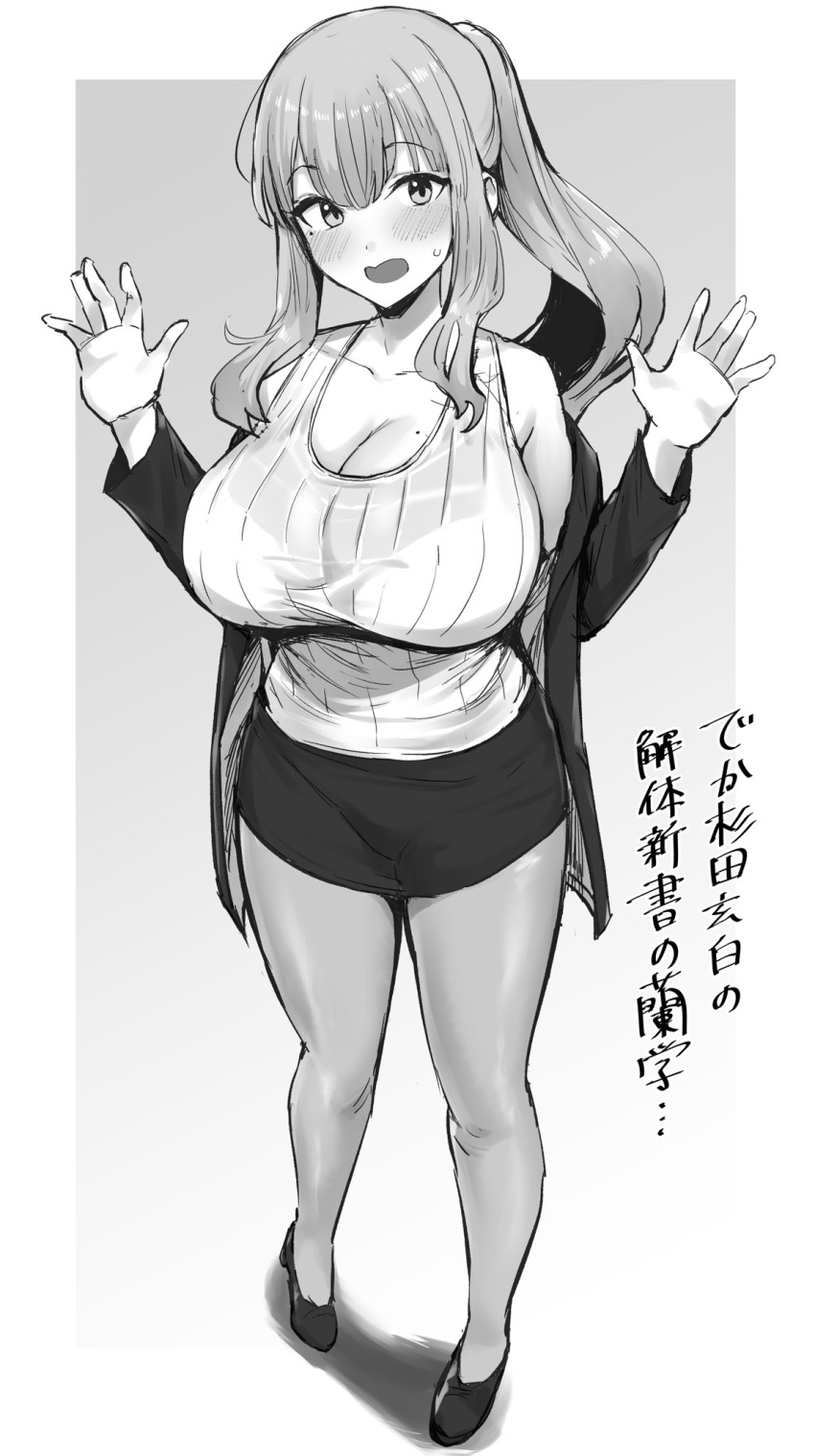 1girl arms_up breasts greyscale highres hotate-chan large_breasts monochrome plump solo source_request surprised sweater thick_thighs thighs