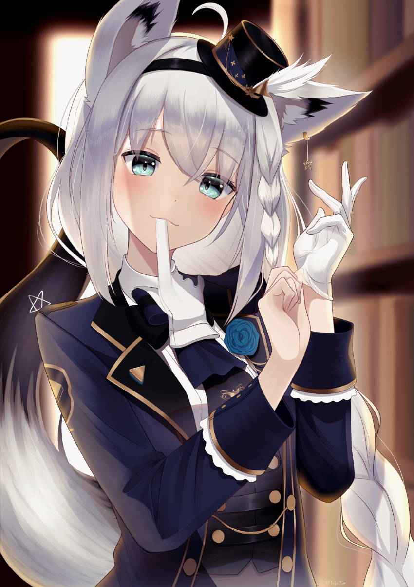 1girl absurdres animal_ears braid braided_ponytail fox_ears fox_girl fox_tail glove_in_mouth gloves hat highres hololive huge_filesize kachikachipiroo lolita_fashion long_hair long_sleeves looking_at_viewer mini_hat mouth_hold pentagram putting_on_gloves shirakami_fubuki shirt sidelocks tail virtual_youtuber white_gloves white_shirt