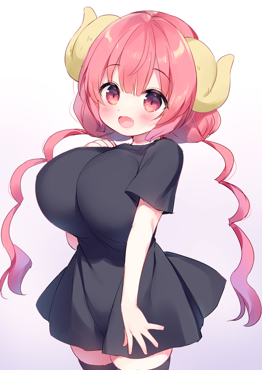 1girl :d bangs black_legwear black_shirt blush breasts commentary_request curled_horns dress eyebrows_visible_through_hair fang gradient gradient_background hair_between_eyes highres horns huge_breasts ilulu_(maidragon) kobayashi-san_chi_no_maidragon long_hair looking_at_viewer low_twintails open_mouth pleated_dress purple_background red_eyes redhead shirt short_sleeves smile solo thigh-highs twintails usashiro_mani very_long_hair white_background