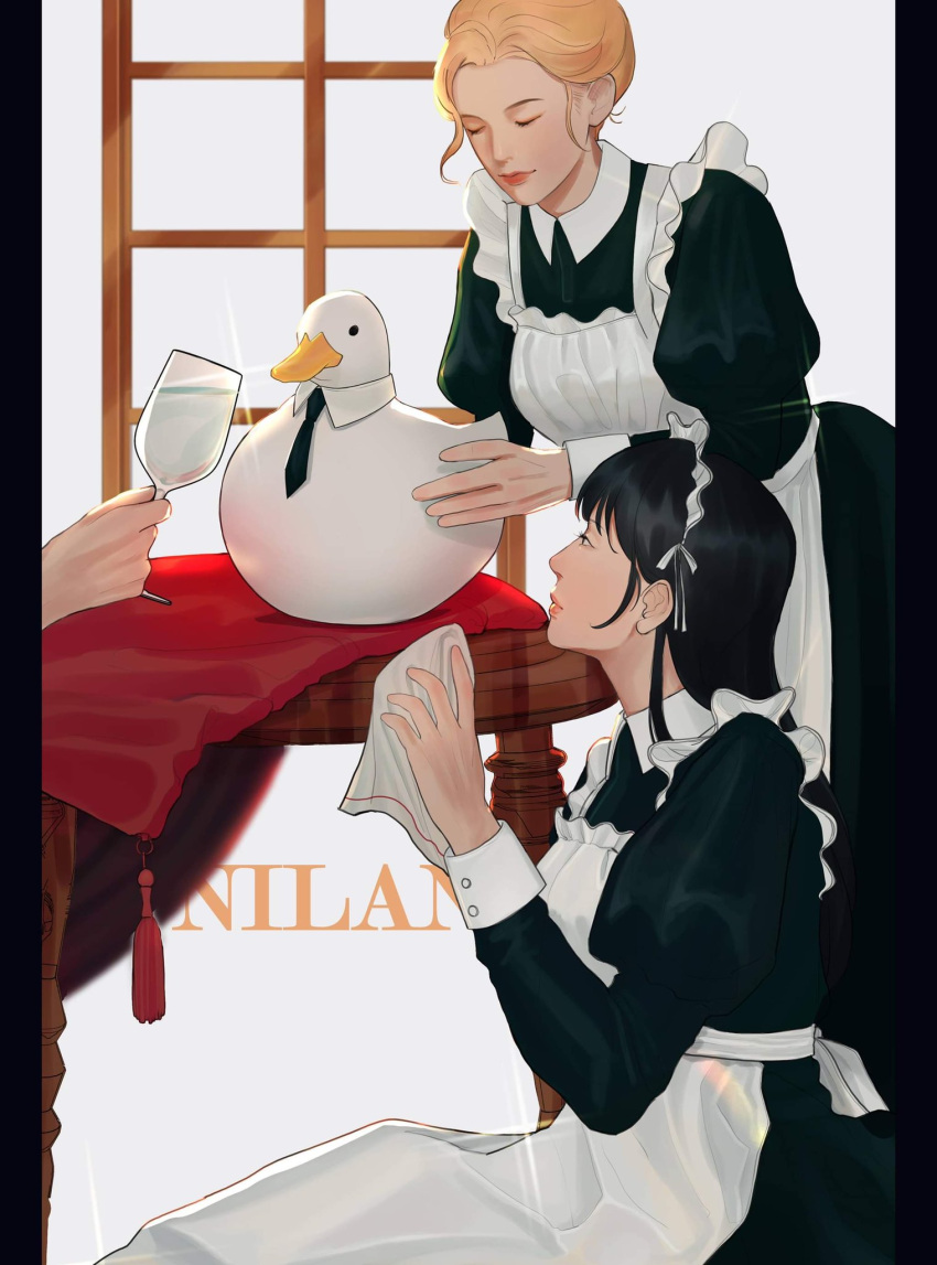 3girls animal apron artist_name bangs bird black_dress black_hair black_neckwear blonde_hair cup detached_collar dress drinking_glass duck from_side glass godfather_duck_(nilan) hand_up highres holding holding_cup long_hair long_sleeves maid maid_apron maid_headdress multiple_girls necktie nilan_1999 original pillarboxed table white_background window wine_glass