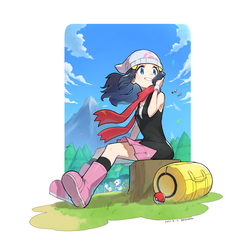 1girl absurdres artist_name bag beanie black_hair black_legwear black_shirt blue_eyes blush boots clouds commentary_request dated hikari_(pokemon) day duffel_bag eyelashes floating_hair grass hat highres long_hair matsumoto_(matsu0821) mountain outdoors pachirisu pink_footwear pink_skirt piplup poke_ball poke_ball_(basic) pokemon pokemon_(anime) pokemon_(creature) pokemon_dppt_(anime) red_scarf scarf shirt sitting skirt sky sleeveless sleeveless_shirt smile socks starly tree tree_stump white_headwear wristband yellow_bag