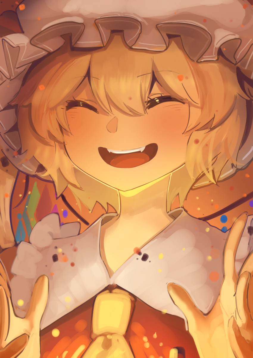 1girl :d ascot blonde_hair blush boa_(brianoa) closed_eyes commentary english_commentary facing_viewer flandre_scarlet hands_up hat highres open_mouth red_shirt shirt short_hair smile solo touhou upper_body white_headwear wings yellow_neckwear
