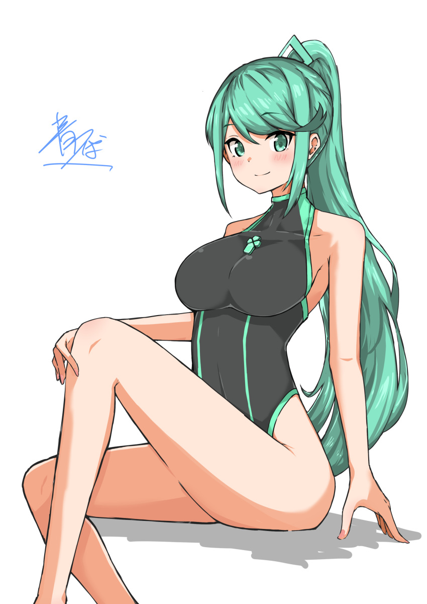 1girl absurdres aolo aotsuba bangs breasts chest_jewel green_eyes green_hair highres large_breasts long_hair pneuma_(xenoblade) ponytail simple_background swept_bangs swimsuit very_long_hair white_background xenoblade_chronicles_(series) xenoblade_chronicles_2