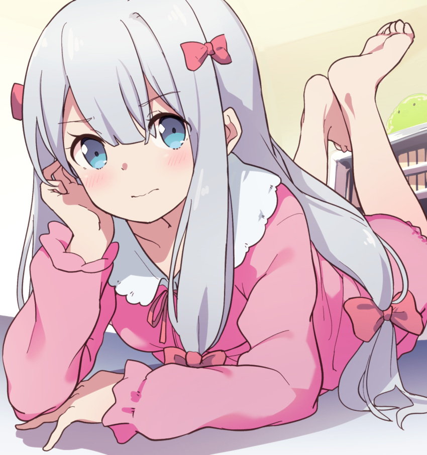 arm_support bangs barefoot blue_eyes blush closed_mouth eromanga_sensei eyebrows_visible_through_hair hair_ribbon hand_on_own_cheek hand_on_own_face highres izumi_sagiri light_frown long_hair looking_at_viewer lying on_stomach pajamas pink_pajamas pink_ribbon ribbon sidelocks silver_hair suwakana the_pose wavy_mouth