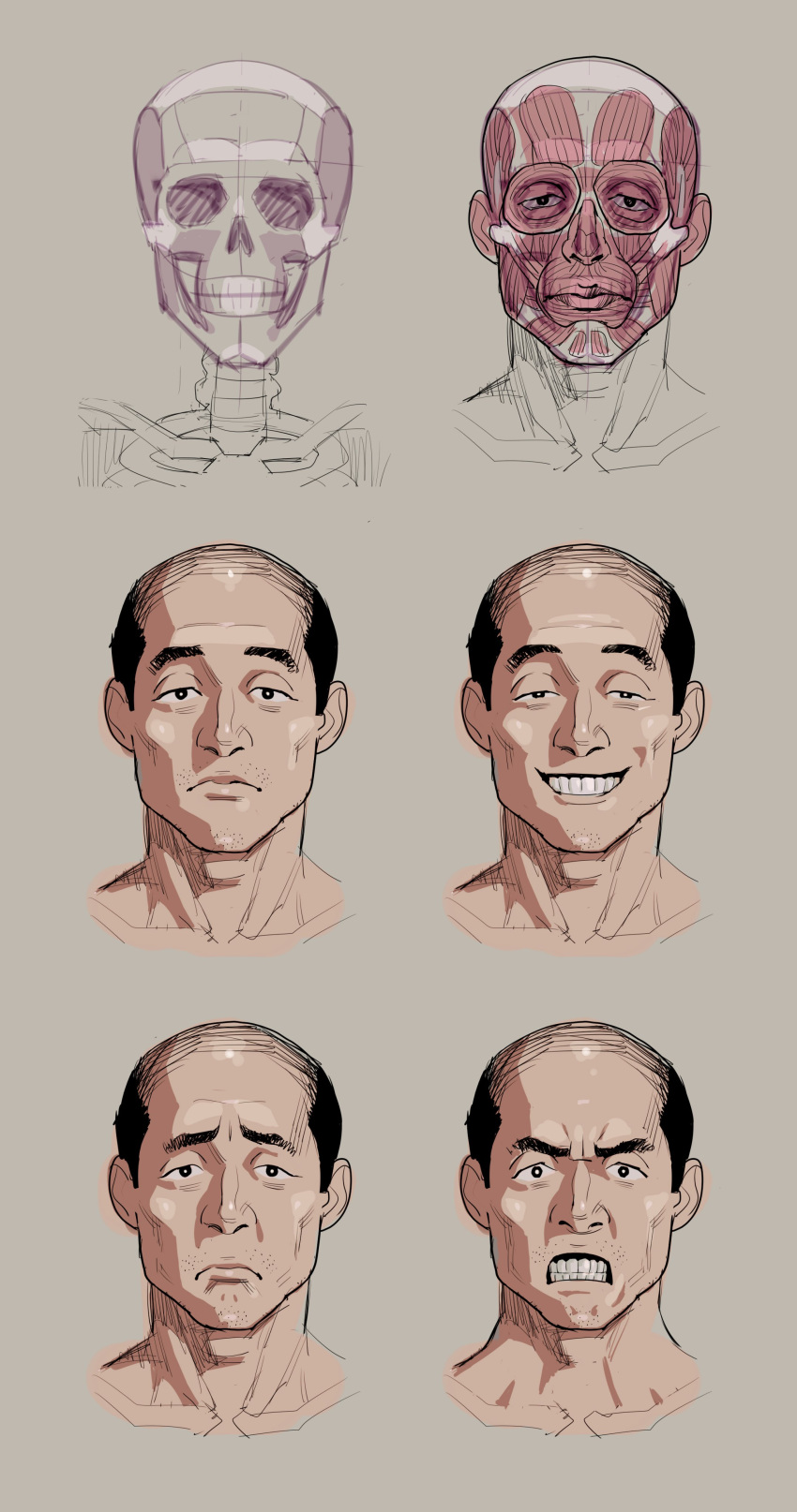 1boy absurdres balding black_eyes black_hair clenched_teeth closed_mouth completely_nude grey_background grin highres looking_at_viewer male_focus multiple_views nude original portrait sanpaku short_hair simple_background skeleton smile symbol-only_commentary teeth very_short_hair wide-eyed yukiyoshi_mamizu