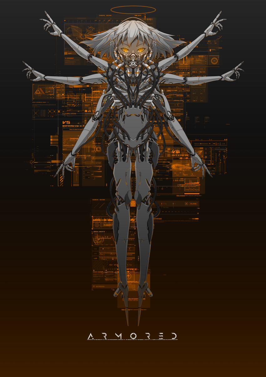 1girl 310o_sugar absurdres android black_background colored_skin cyberpunk english_commentary extra_arms full_body glowing glowing_eyes grey_hair grey_skin halo highres joints looking_at_viewer machine mask mouth_mask orange_eyes original outstretched_arms piston robot_joints science_fiction short_hair solo spread_arms tube