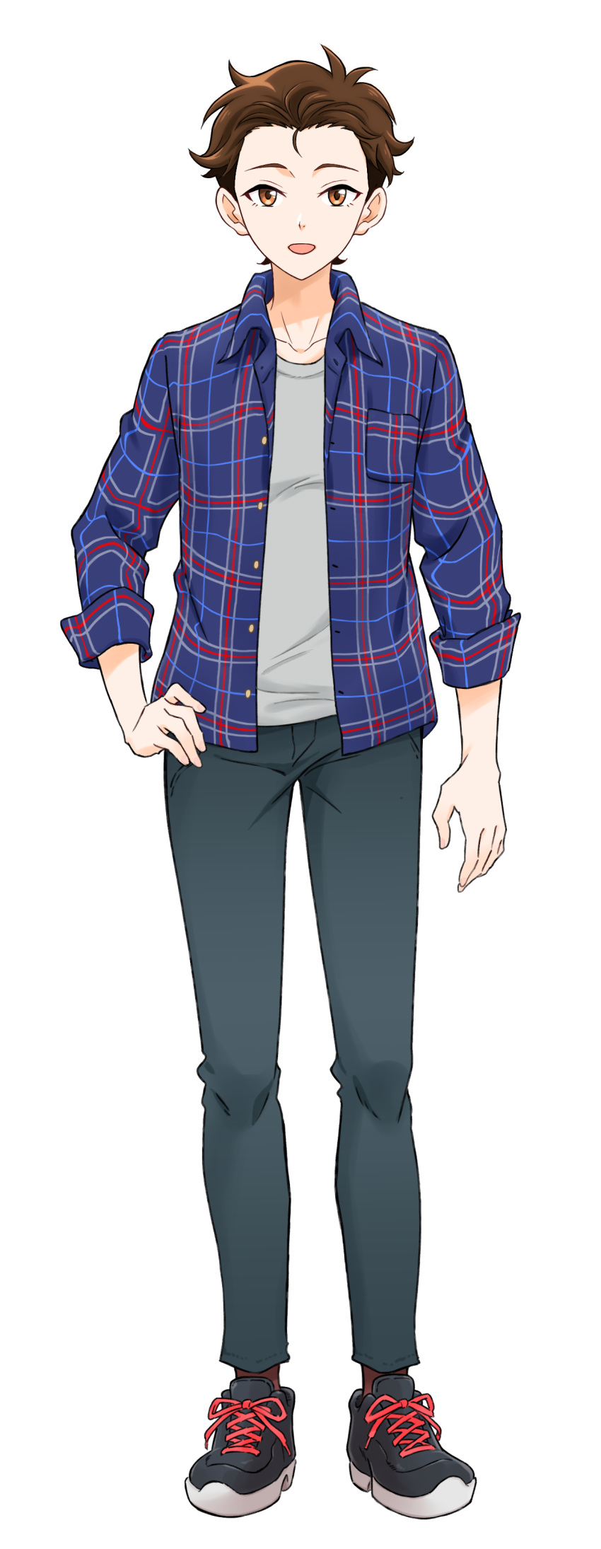 1boy a.i._voice absurdres black_footwear blue_pants blue_shirt brown_eyes brown_hair collarbone full_body fuyaketa grey_shirt hand_on_hip highres hinode_ken looking_at_viewer male_focus official_art open_clothes open_mouth open_shirt pants plaid plaid_shirt shirt shoes smile sneakers solo transparent_background