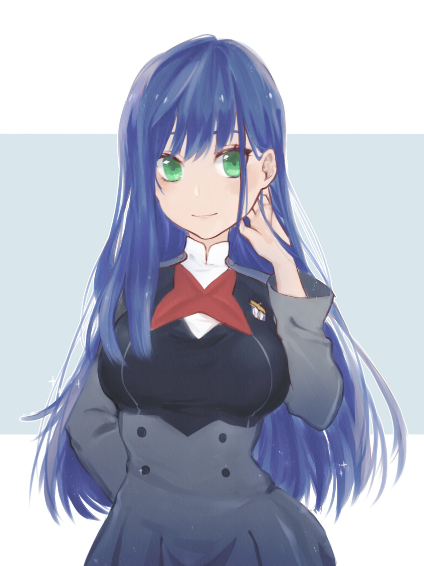 1girl alternate_hairstyle arm_behind_back artist_request bad_id bad_pixiv_id bangs blue_background blue_hair closed_mouth darling_in_the_franxx green_eyes grey_jacket hair_between_eyes hand_on_own_cheek hand_on_own_face highres ichigo_(darling_in_the_franxx) jacket long_hair long_sleeves looking_at_viewer looking_to_the_side smile solo two-tone_background white_background