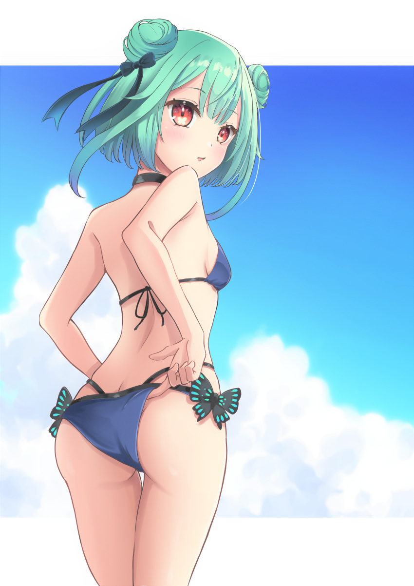 1girl absurdres adjusting_clothes adjusting_swimsuit ass back bikini blue_bikini blue_hair blue_ribbon blue_sky breasts butt_crack cowboy_shot double_bun eyebrows_visible_through_hair from_behind gradient_hair green_hair hair_ribbon halter_top halterneck highres hololive huge_filesize looking_at_viewer multi-strapped_bikini multicolored_hair parted_lips red_eyes ribbon short_hair sky small_breasts solo surprised swimsuit tilu uruha_rushia virtual_youtuber