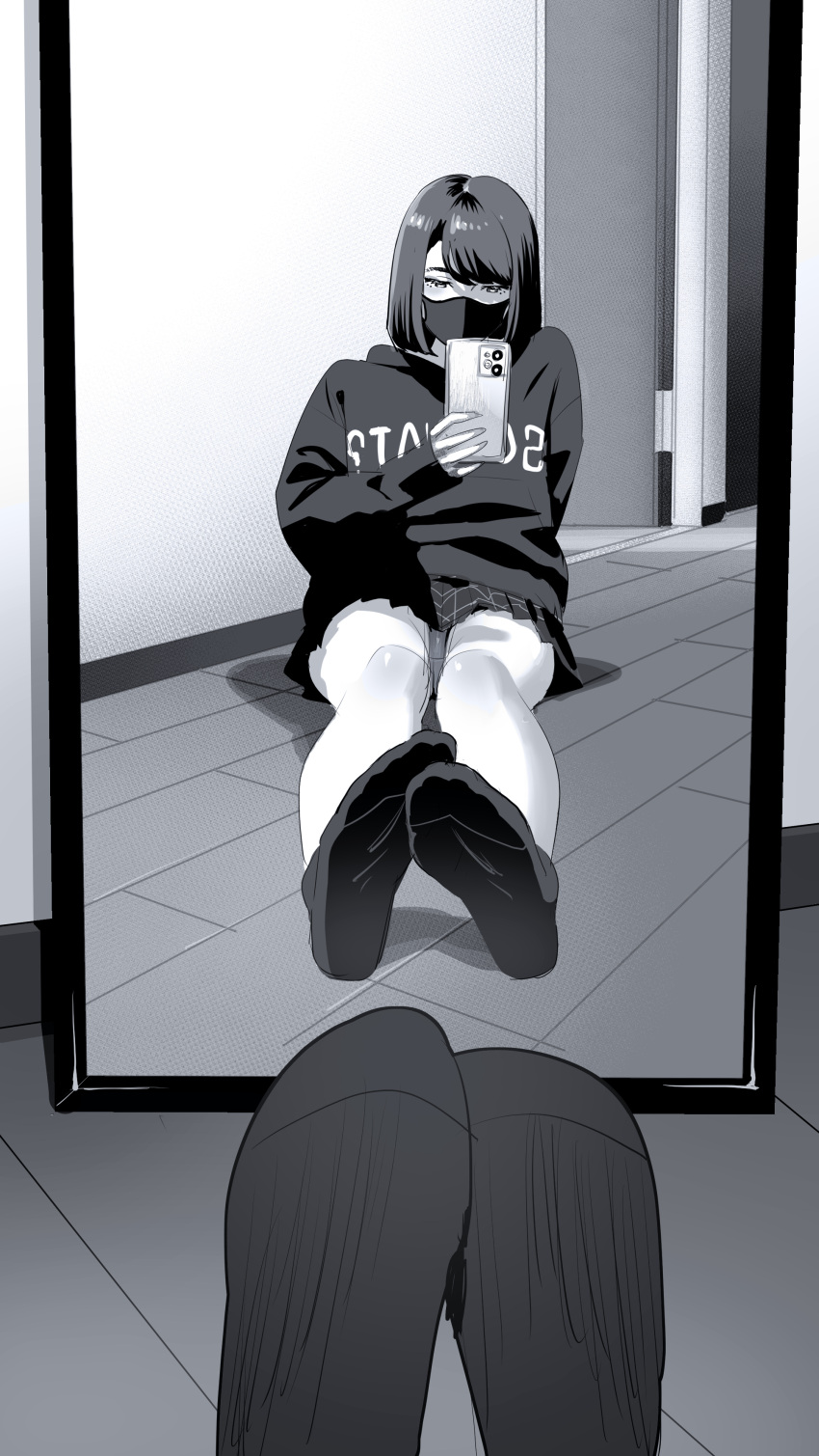 1girl absurdres arm_support bob_cut cellphone clothes_writing covered_mouth female_pov fingernails full-length_mirror greyscale highres holding holding_phone hood hood_down hoodie indoors leaning_back legs_together long_sleeves mask medium_hair miniskirt monochrome mouth_mask original phone pleated_skirt pov pov_legs print_hoodie reclining selfie sitting skirt smartphone socks soles solo tile_floor tiles yukiyoshi_mamizu