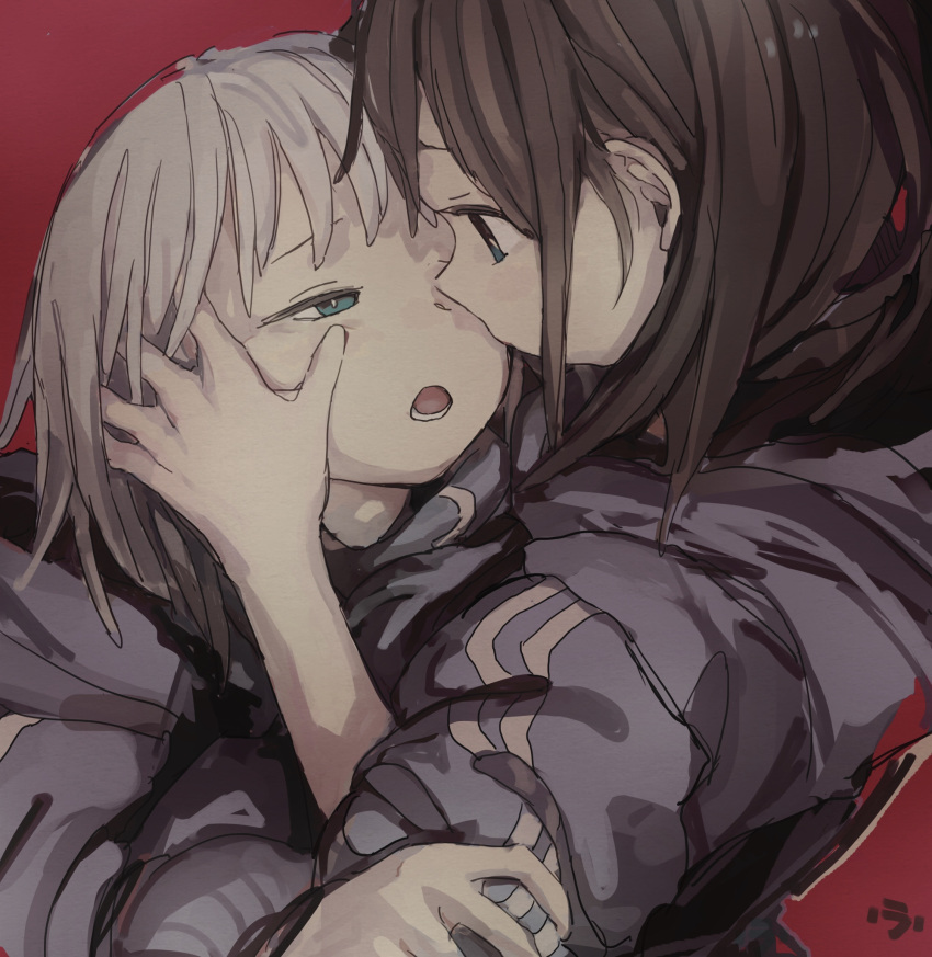 2girls brown_hair chair green_eyes half-closed_eyes hand_on_another's_face highres imminent_kiss jacket looking_at_another multiple_girls open_mouth original roisa sitting track_jacket white_hair yuri