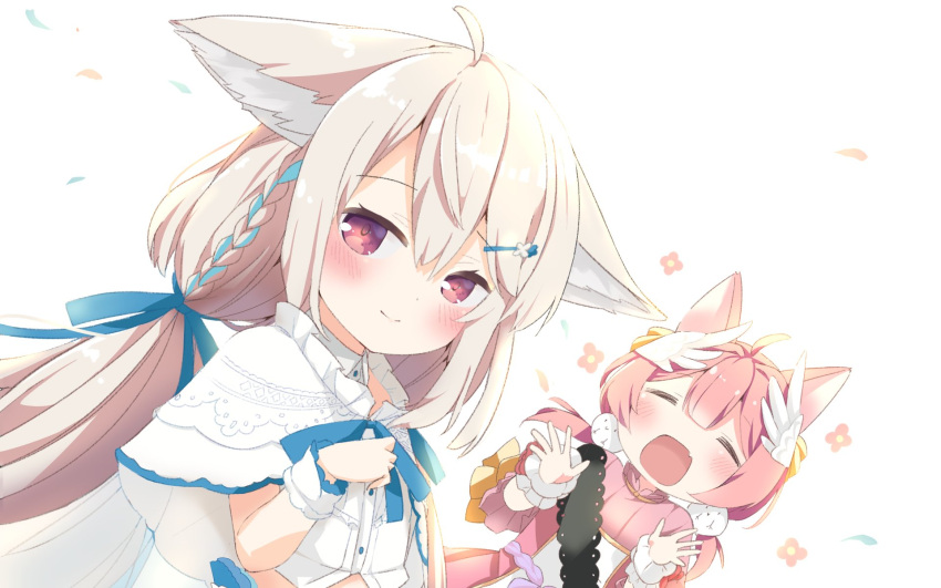 1girl ahoge animal_ear_fluff animal_ears bare_shoulders commentary_request commission ears_down fox_ears fox_girl fox_tail highres large_ears long_hair majima original red_eyes sakurada_shiro simple_background skeb_commission solo tail tied_hair very_long_hair white_background white_hair