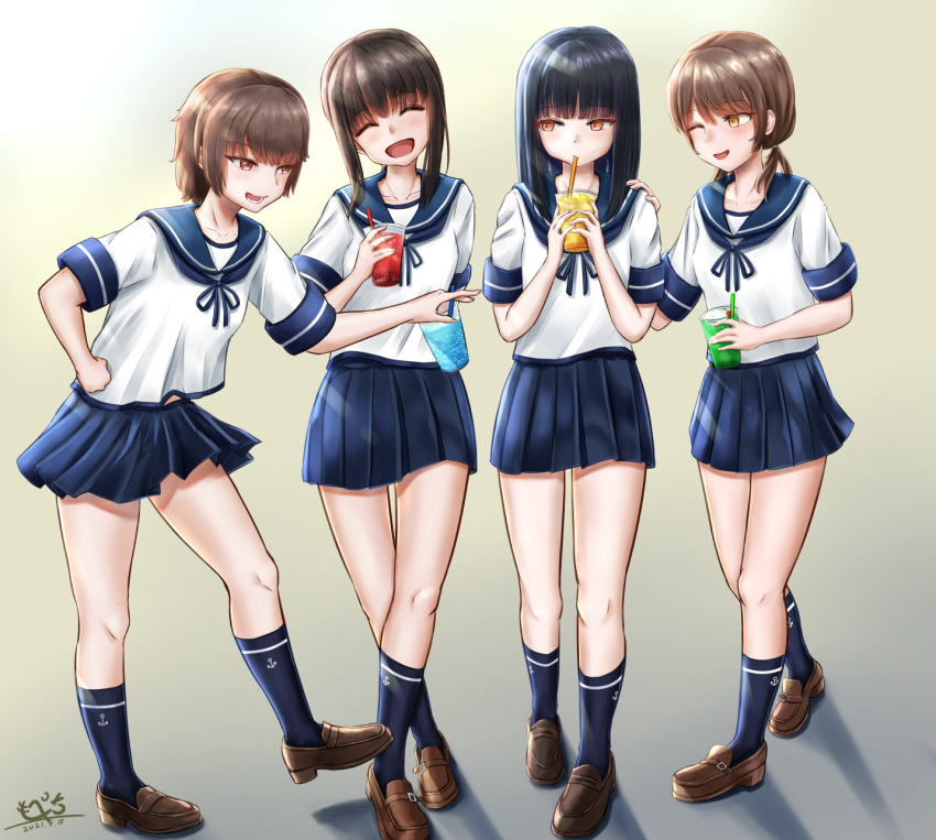 4girls bangs black_hair blue_legwear blue_skirt blunt_bangs brown_eyes brown_footwear brown_hair closed_eyes fubuki_(kancolle) hatsuyuki_(kancolle) highres hime_cut kantai_collection loafers long_hair low_ponytail low_twintails miniskirt miyuki_(kancolle) multiple_girls one_eye_closed parted_bangs pethimon pleated_skirt ponytail school_uniform serafuku shirayuki_(kancolle) shoes short_hair short_ponytail short_sleeves short_twintails sidelocks skirt socks twintails