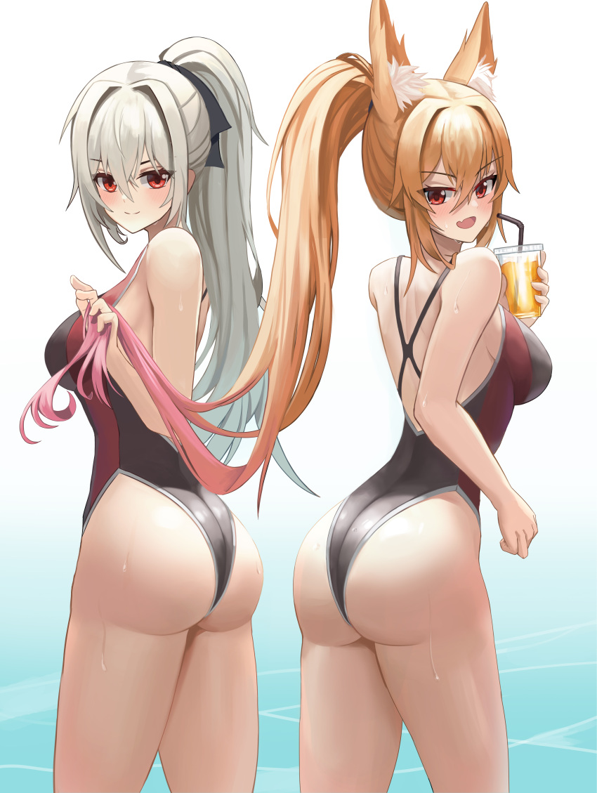 2girls :d absurdres animal_ear_fluff ass bangs bare_arms bare_shoulders black_swimsuit blonde_hair blush breasts closed_mouth competition_swimsuit cup disposable_cup eyebrows_visible_through_hair fang from_behind gradient_hair highres holding holding_cup holding_hair long_hair looking_at_viewer looking_back medium_breasts multicolored_hair multiple_girls one-piece_swimsuit onedoo open_mouth original pink_hair red_eyes sidelocks silver_hair simple_background skin_fang smile sweat swimsuit v-shaped_eyebrows very_long_hair water white_background