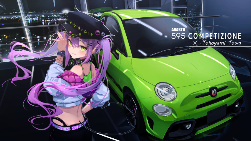 1girl abarth abarth_595 absurdres bangs bibi_(tokoyami_towa) black_headwear blush car city_lights closed_mouth commentary cowboy_shot demon_tail ear_piercing eyebrows_visible_through_hair fake_horns fangs fangs_out floating_hair from_behind green_eyes ground_vehicle hair_between_eyes hair_ornament hairclip headphones headphones_around_neck highres hololive horned_headwear horns indoors jacket long_hair long_sleeves looking_at_viewer looking_back motor_vehicle multicolored_hair nail_polish off_shoulder piercing pink_hair purple_hair skin_fangs smile solo standing tail tail_ornament tail_piercing tokoyami_towa twintails two-tone_hair watch watch white_jacket window you'a