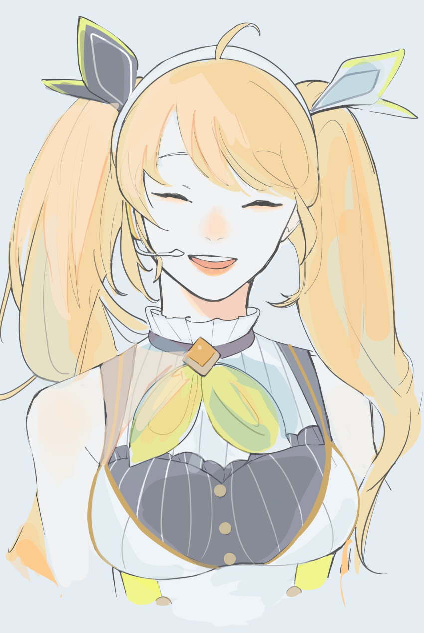 1girl ^_^ ahoge blonde_hair bow closed_eyes cropped_torso eyebrows_visible_through_hair grey_background hairband han_ngantuk headset highres long_hair nijisanji nijisanji_id open_mouth portrait smile solo twintails virtual_youtuber white_hairband yellow_bow zea_cornelia