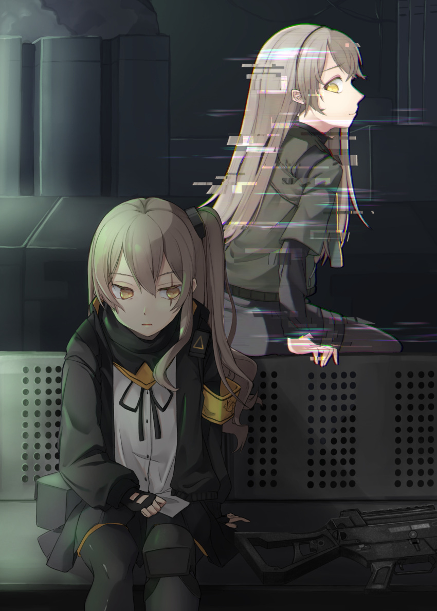 2girls 404 bangs black_gloves black_jacket black_skirt camouflage camouflage_jacket closed_mouth commentary_request eyebrows_visible_through_hair girls_frontline gloves gun h&amp;k_ump hair_ornament hairband hairclip highres http_status_code jacket light_brown_eyes light_brown_hair long_hair looking_at_another looking_down multiple_girls open_clothes open_jacket partially_fingerless_gloves sakana-ko scar scar_across_eye shirt side_ponytail sitting skirt submachine_gun ump40_(girls'_frontline) ump45_(girls'_frontline) weapon white_shirt yellow_eyes