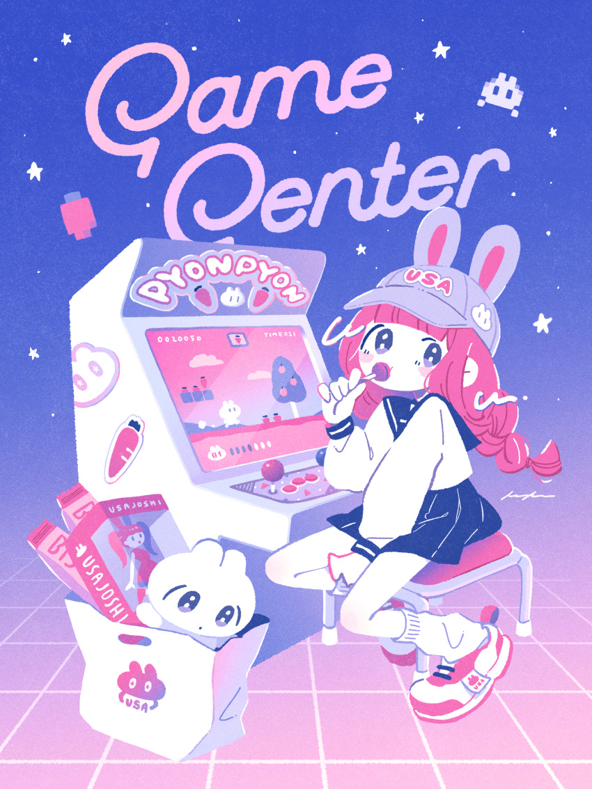 1girl :t animal_ears animal_hat animal_print arcade arcade_cabinet arm_support bag bangs baseball_cap between_legs blouse blue_background blue_eyes blue_headwear blue_sailor_collar blue_skirt blunt_bangs blush_stickers braid bunny_print candy carrot clothes_writing controller doll dot_mouth english_text fake_animal_ears film_grain floor food food_in_mouth from_side full_body gradient gradient_background hand_between_legs hand_up hat highres holding holding_candy holding_food holding_lollipop in_bag in_container joystick keke_(kotowari) kneehighs light_purple_eyes limited_palette lollipop long_hair long_sleeves looking_at_viewer looking_to_the_side loose_socks low_twin_braids low_twintails miniskirt no_lineart no_nose original perspective pleated_skirt print_headwear puffy_long_sleeves puffy_sleeves rabbit rabbit_ears romaji_text sailor_collar school_uniform serafuku shoes shopping_bag signature sitting skirt sleeve_cuffs sneakers solo star_(symbol) sticker stool tareme toy twin_braids twintails two-tone_footwear video_game white_bag white_blouse white_footwear white_legwear |_|