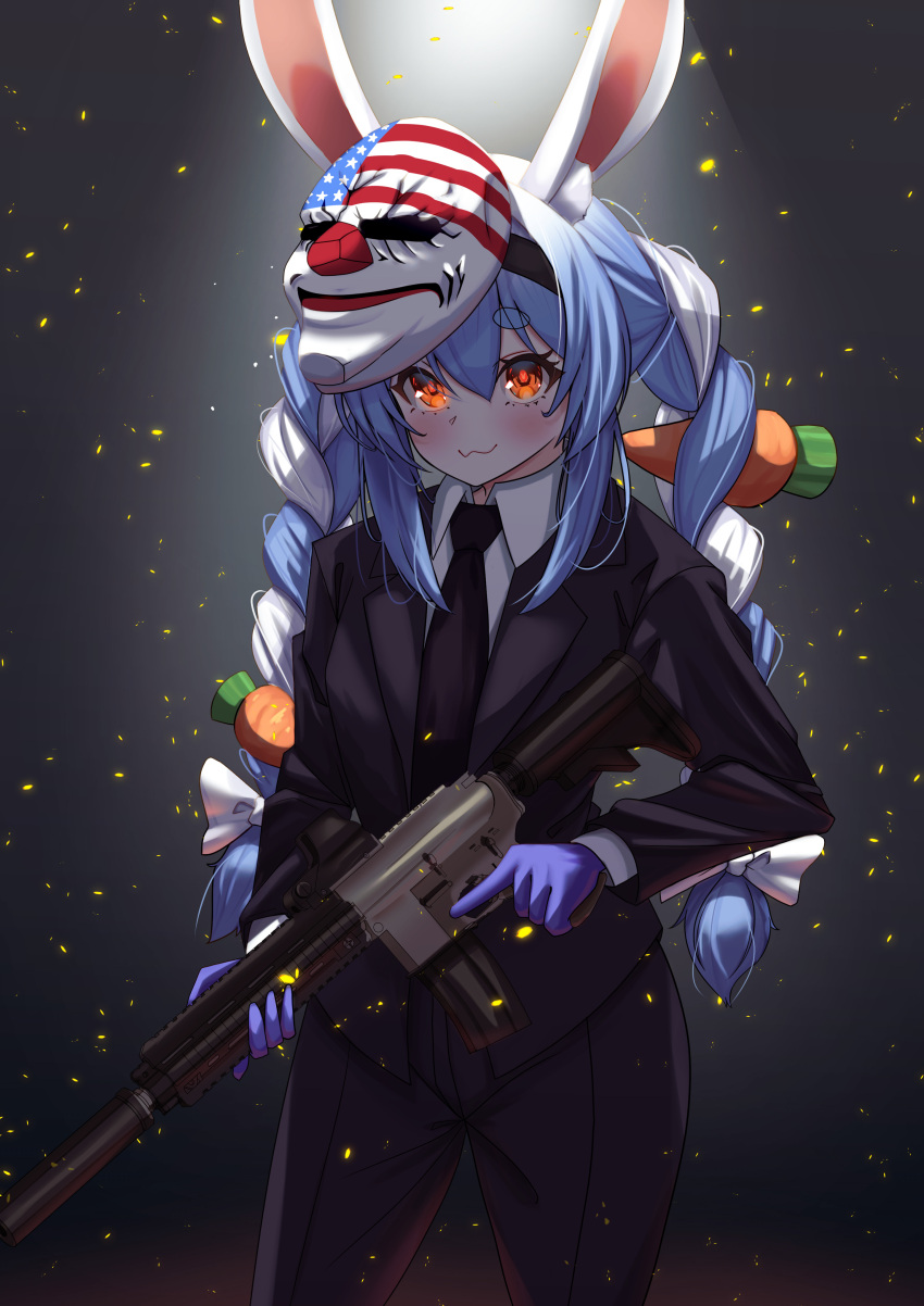 1girl :3 absurdres animal_ear_fluff animal_ears assault_rifle bangs black_jacket black_neckwear black_pants blue_hair blush braid carrot_hair_ornament collared_shirt commentary_request cowboy_shot eyebrows_visible_through_hair food-themed_hair_ornament formal gloves gun hair_between_eyes hair_ornament highres holding holding_gun holding_weapon hololive jacket long_hair long_sleeves looking_at_viewer mask mask_on_head mcbox multicolored_hair necktie orange_eyes pants payday_2 purple_gloves rabbit_ears rabbit_girl rifle shirt short_eyebrows sidelocks solo standing suit thick_eyebrows trigger_discipline twin_braids twintails two-tone_hair usada_pekora virtual_youtuber weapon white_hair white_shirt