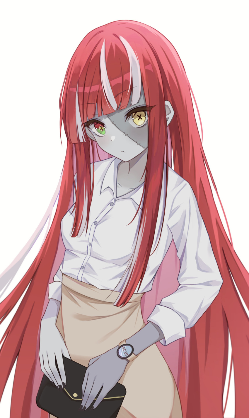 1girl absurdres alternate_costume bangs blunt_bangs collared_shirt colored_skin diamond-shaped_pupils diamond_(shape) dress_shirt eyebrows_visible_through_hair grey_skin hair_down heterochromia high-waist_skirt highres hololive hololive_indonesia kureiji_ollie long_hair long_sleeves looking_at_viewer mismatched_pupils multicolored_hair okey pale_skin patchwork_skin redhead shirt simple_background skirt sleeves_folded_up solo stitched_face stitches streaked_hair symbol-shaped_pupils very_long_hair virtual_youtuber watch watch white_background white_hair white_shirt x-shaped_pupils zombie