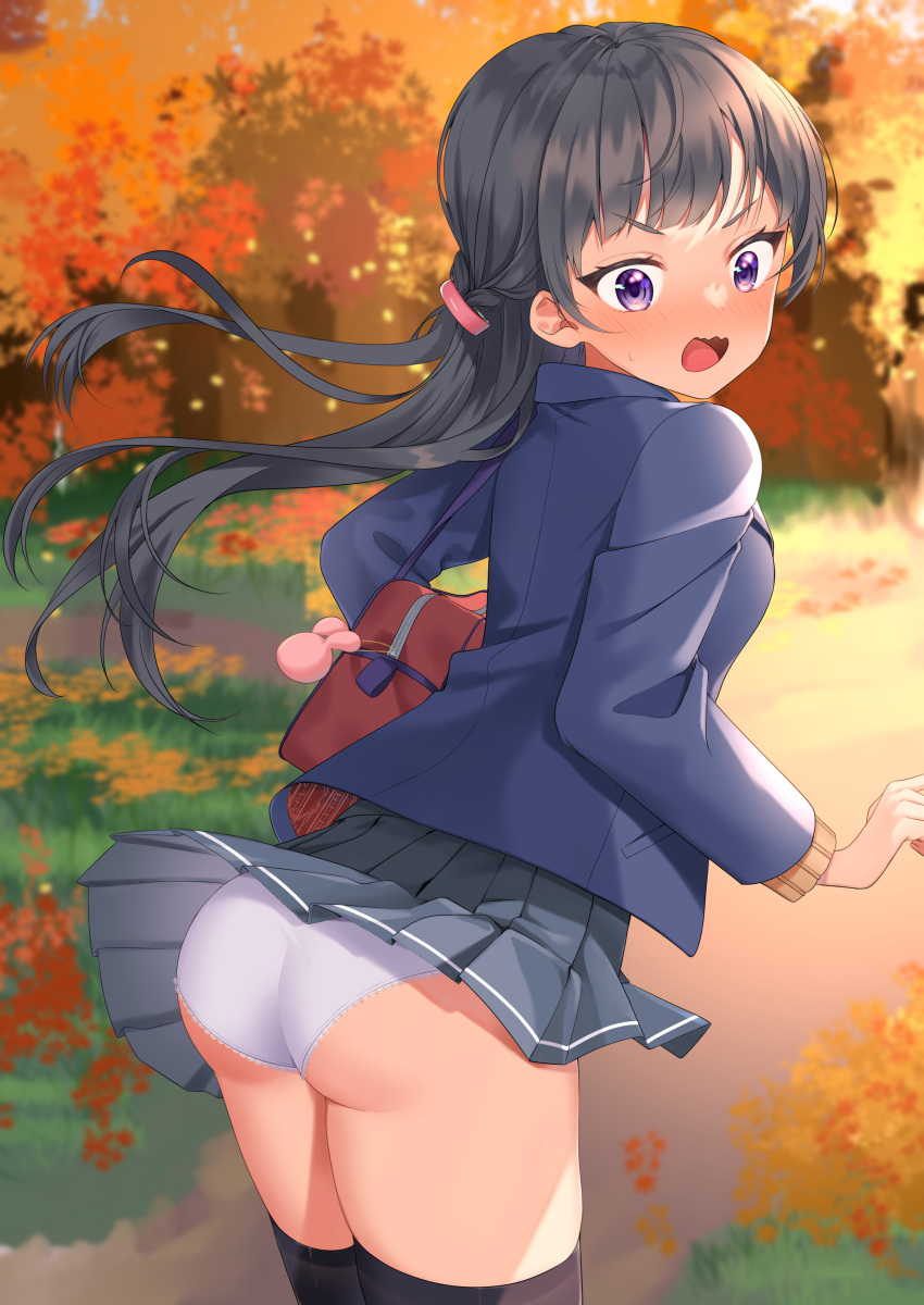 1girl absurdres ass autumn autumn_leaves bag bag_charm bangs black_hair black_jacket blush brown_cardigan cardigan charm_(object) clothes_lift commentary_request day grey_skirt hair_blowing highres jacket long_hair long_sleeves mukuro_usss open_mouth original outdoors over-kneehighs panties pleated_skirt school_bag school_uniform skirt skirt_lift solo standing thigh-highs thighs underwear v-shaped_eyebrows violet_eyes wavy_mouth white_panties wind wind_lift