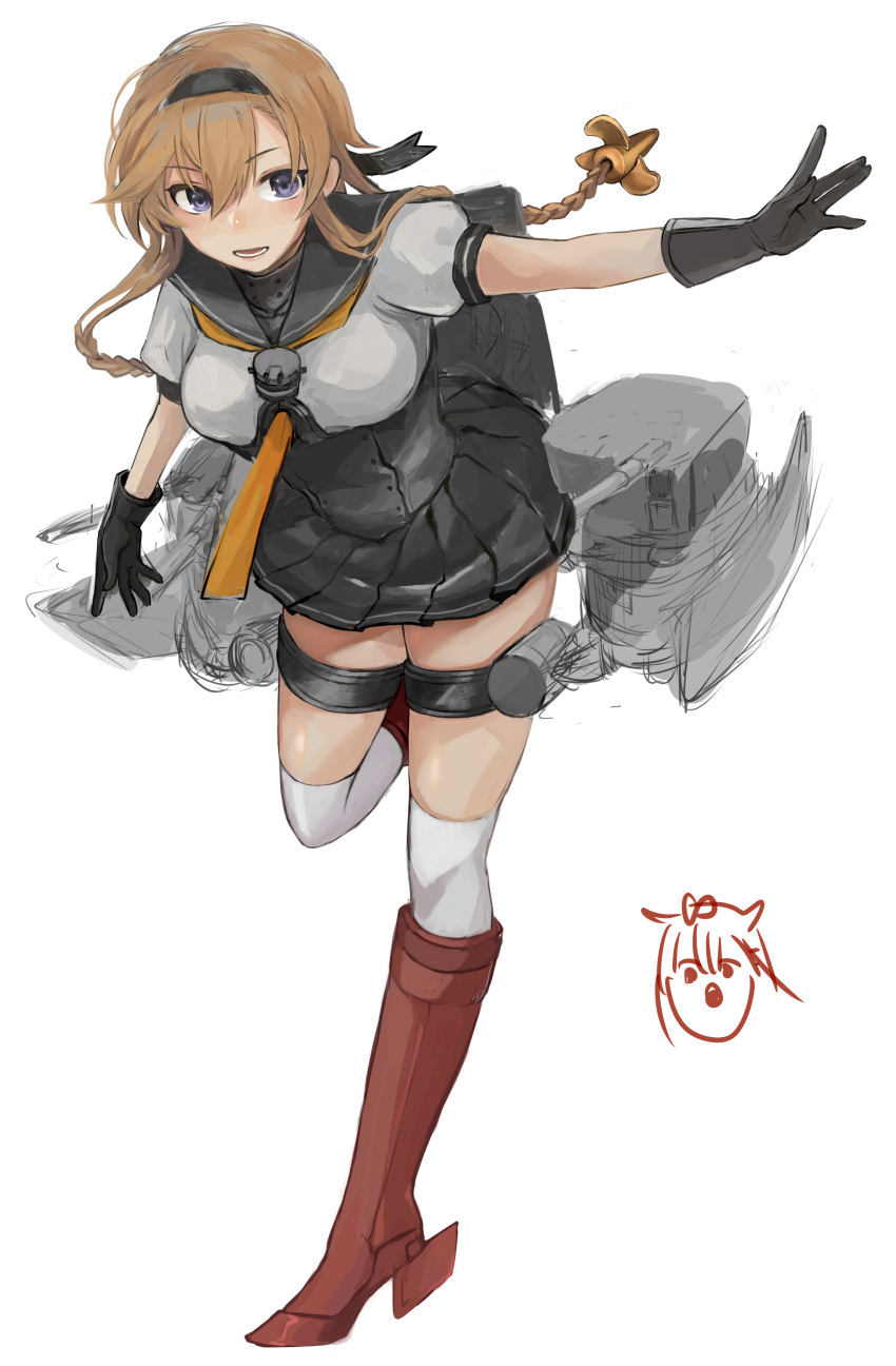 1girl absurdres ammunition_belt anchor artist_logo bangs blue_eyes blush boots breasts brown_hair full_body gloves hagioshi headband headgear high_heel_boots high_heels highres kantai_collection kneehighs looking_at_viewer machinery medium_breasts miniskirt neckerchief pleated_skirt ponytail propeller red_footwear sailor_collar school_uniform serafuku simple_background skirt solo teruzuki_(kancolle) thigh_strap turret white_background white_legwear white_skirt