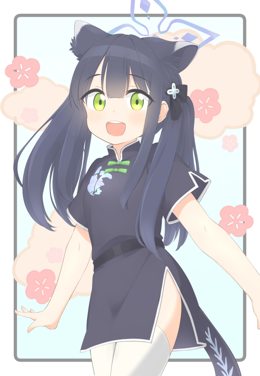 1girl animal_ear_fluff animal_ears bangs black_dress black_hair blue_archive blunt_bangs china_dress chinese_clothes dress floral_background green_eyes highres mamusan_(panitu) open_mouth short_sleeves shun_(blue_archive) smile solo thigh-highs tiger_ears tiger_girl twintails white_legwear