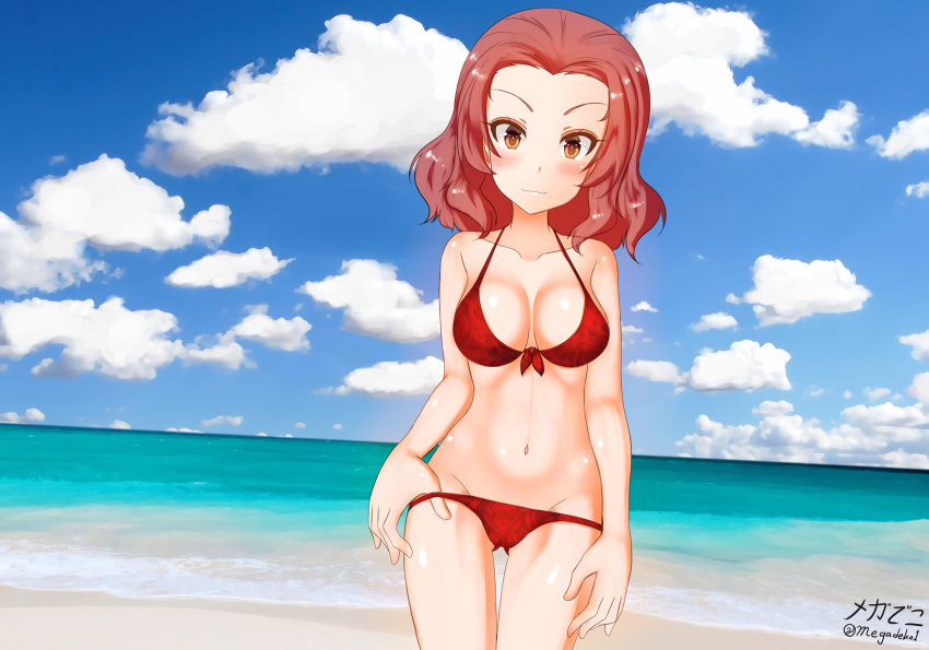 1girl aquaegg artist_name beach bikini bikini_pull blue_sky breasts brown_eyes closed_mouth clothes_pull clouds cloudy_sky commentary_request day front-tie_bikini front-tie_top girls_und_panzer groin halterneck highres horizon looking_at_viewer medium_breasts medium_hair ocean outdoors partial_commentary pulled_by_self red_bikini redhead rosehip_(girls_und_panzer) signature sky smile solo standing swimsuit thigh_gap twitter_username
