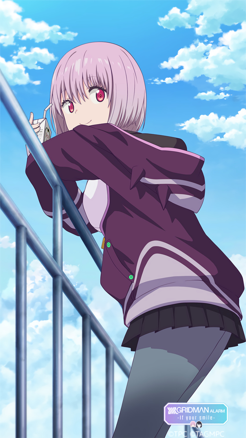 1girl absurdres against_railing arm_rest blue_sky cowboy_shot game_cg grey_legwear gridman_universe highres holding jacket juice_box leaning_forward looking_at_viewer medium_hair official_art pantyhose pink_hair pleated_skirt purple_jacket railing red_eyes shinjou_akane skirt sky solo ssss.gridman