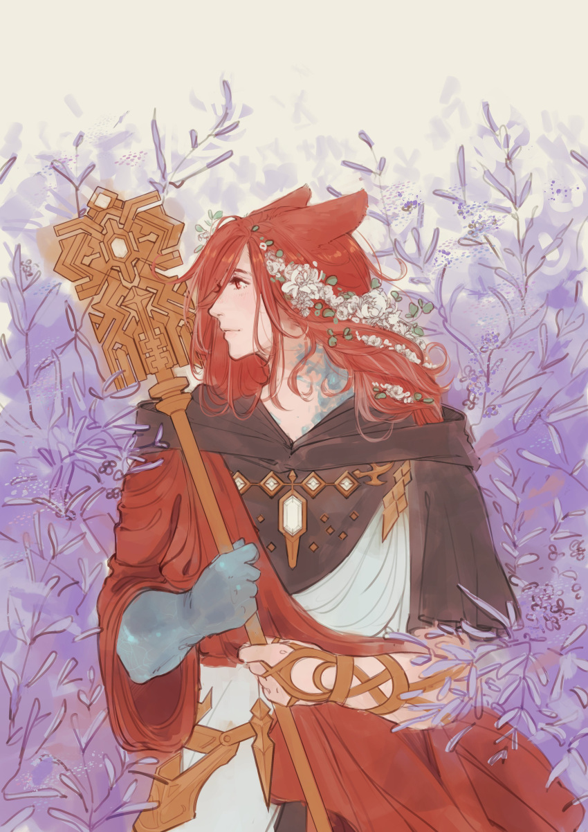 1boy absurdres alternate_hair_length alternate_hairstyle animal_ears cat_ears crystal crystal_exarch facing_viewer final_fantasy final_fantasy_xiv flower g'raha_tia hair_flower hair_ornament haru_(strawbii) highres holding holding_staff hood hood_down long_hair looking_to_the_side male_focus miqo'te red_eyes redhead solo staff
