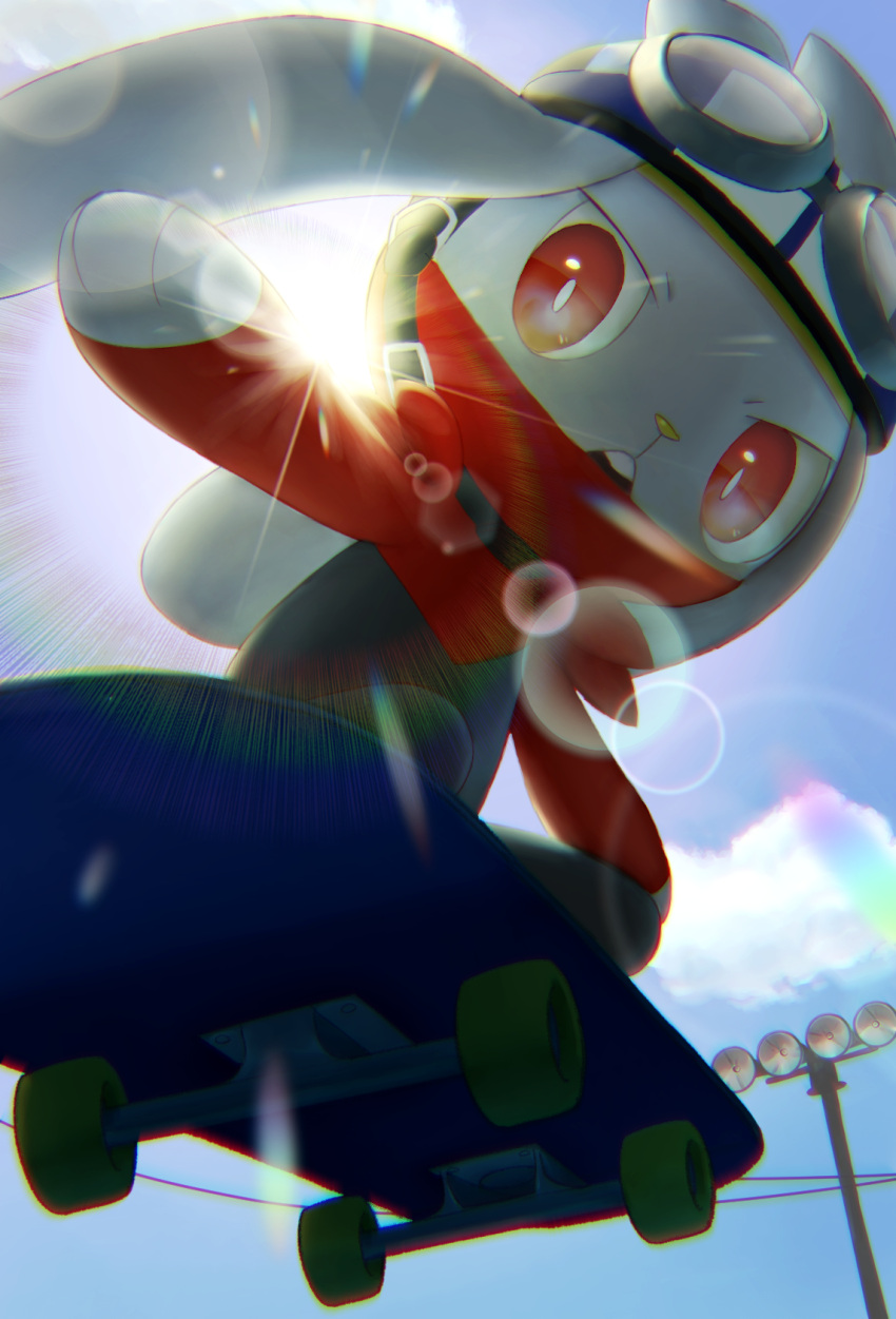 bright_pupils chromatic_aberration clouds commentary_request day from_below highres lens_flare no_humans open_mouth outdoors outstretched_arms pokemon pokemon_(creature) power_lines purobe raboot red_eyes skateboard sky upper_teeth white_pupils