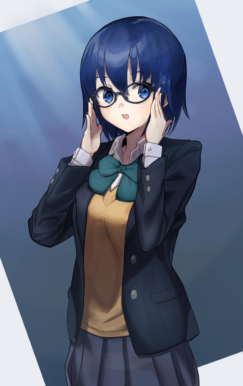 1girl absurdres adjusting_eyewear bangs black-framed_eyewear black_jacket blue_eyes blue_hair blush bow bowtie breasts buttons ciel_(tsukihime) collared_shirt commentary_request glasses green_bow green_neckwear grey_skirt hair_between_eyes highres jacket long_sleeves looking_at_viewer makimaki miniskirt open_clothes open_jacket open_mouth pleated_skirt pocket school_uniform shirt skirt smile solo tsukihime tsukihime_(remake) vest white_shirt yellow_vest