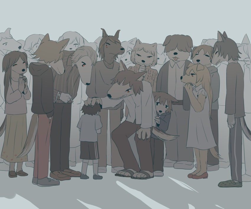 absurdres animal_ears animal_head avogado6 brown_pants cigarette commentary_request cowering dog_ears dress earrings furry furry_female furry_male glowing glowing_eyes grey_background grin gyaruo headpat highres holding holding_cigarette jewelry original pants people red_eyes sandals shirt smile teardrop_facial_mark white_shirt