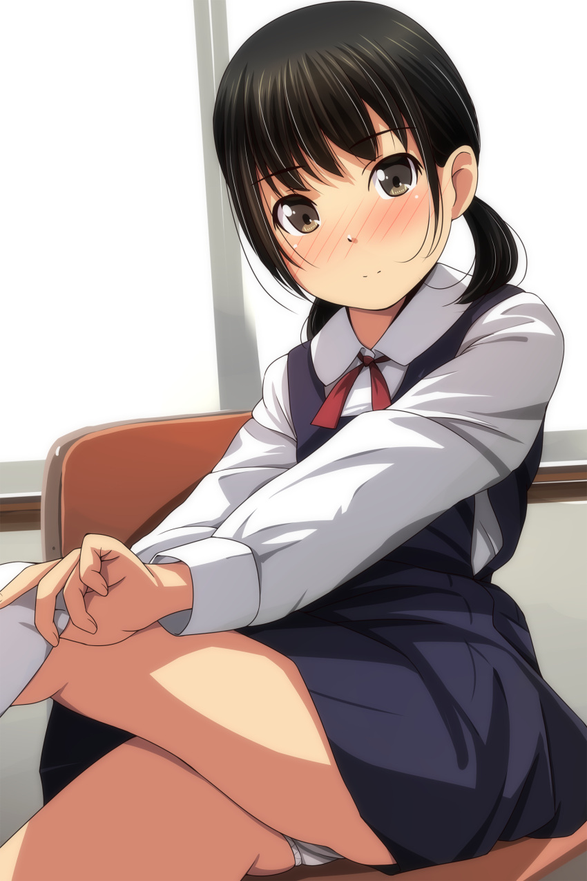 1girl absurdres ass bangs black_hair blue_dress blush chair closed_mouth collared_shirt dress eyebrows_visible_through_hair feet_out_of_frame highres kneehighs kneehighs_pull long_sleeves low_twintails matsunaga_kouyou nose_blush on_chair original panties pinafore_dress pleated_dress red_neckwear school_chair shirt sitting sleeveless sleeveless_dress smile solo twintails underwear white_legwear white_panties white_shirt window