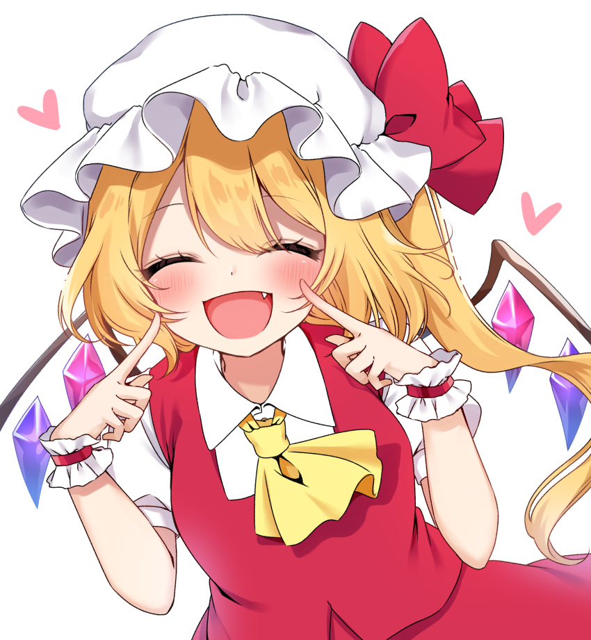 1girl ascot blonde_hair blush bow closed_eyes fang fingersmile flandre_scarlet hair_bow hat heart highres mob_cap one_side_up open_mouth red_vest shiki_(s1k1xxx) shirt simple_background smile solo touhou vest white_background white_headwear white_shirt wings wrist_cuffs yellow_neckwear