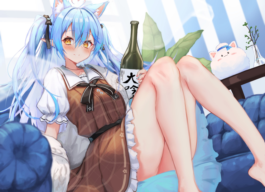 1girl absurdres ahoge animal_ear_fluff animal_ears bangs bare_legs black_bow blue_hair blush bottle bow brown_dress cat_ears closed_mouth commentary_request couch dress elf eyebrows_visible_through_hair feet_out_of_frame frilled_dress frills hair_between_eyes hair_bow heart_ahoge highres holding holding_bottle hololive inre_kemomimi knees_together_feet_apart long_hair looking_at_viewer official_alternate_costume on_couch plant pointy_ears potted_plant puffy_short_sleeves puffy_sleeves sake_bottle short_sleeves sitting smile two_side_up virtual_youtuber yellow_eyes yukihana_lamy yukimin_(yukihana_lamy)