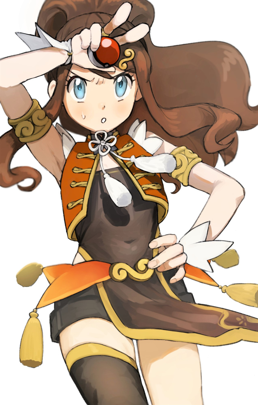 1girl alternate_costume armlet bangs blue_eyes blush brown_hair commentary_request covered_navel daicon_(kanaeaisiteruzo) eyelashes floating_hair hand_on_hip high_ponytail highres hilda_(pokemon) holding holding_poke_ball jewelry long_hair parted_lips poke_ball pokemon pokemon_(game) pokemon_bw ring sidelocks simple_background single_thighhigh solo sweatdrop thigh-highs white_background wrist_cuffs