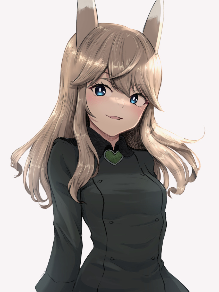 1girl animal_ears blonde_hair blue_eyes blush breasts cowboy_shot fox_ears gradient_eyes highres hora_liar liar_lawyer long_hair military military_jacket military_uniform multicolored multicolored_eyes ottilie_kittel small_breasts smile solo strike_witches uniform world_witches_series