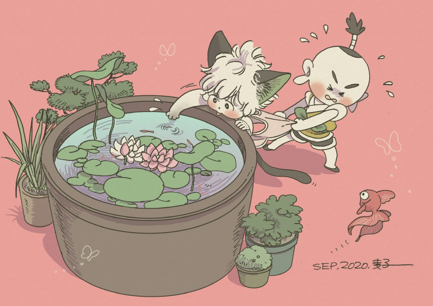 2boys animal_ears blush cat_boy cat_ears cat_tail fish flower highres leaf lily_pad luoxiaohei mao_mao_(the_legend_of_luoxiaohei) mugi-co multiple_boys pink_background pink_flower plant potted_plant ripples shadow short_hair simple_background tail the_legend_of_luo_xiaohei tongue tongue_out water white_flower white_hair