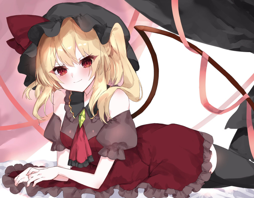 1girl ascot black_headwear black_legwear blonde_hair blush bow breasts collar commentary_request crystal dress flandre_scarlet frilled_collar frilled_dress frills hat highres looking_at_viewer lying medium_hair mob_cap no_eyebrows off-shoulder_dress off_shoulder on_bed on_stomach one_side_up puffy_short_sleeves puffy_sleeves red_bow red_dress red_eyes red_neckwear red_ribbon ribbon rori82li short_sleeves small_breasts smile solo thigh-highs touhou wings