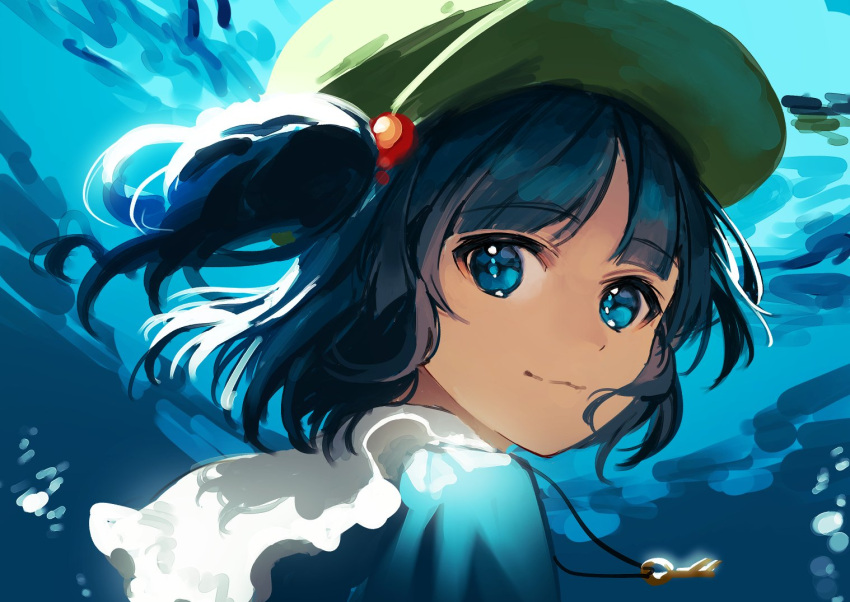 1girl blue_eyes blue_hair eyebrows_visible_through_hair green_headwear hair_between_eyes hair_bobbles hair_ornament hat jill_07km kawashiro_nitori key looking_at_viewer looking_back one-hour_drawing_challenge painting_(medium) smile solo touhou traditional_media twintails underwater water