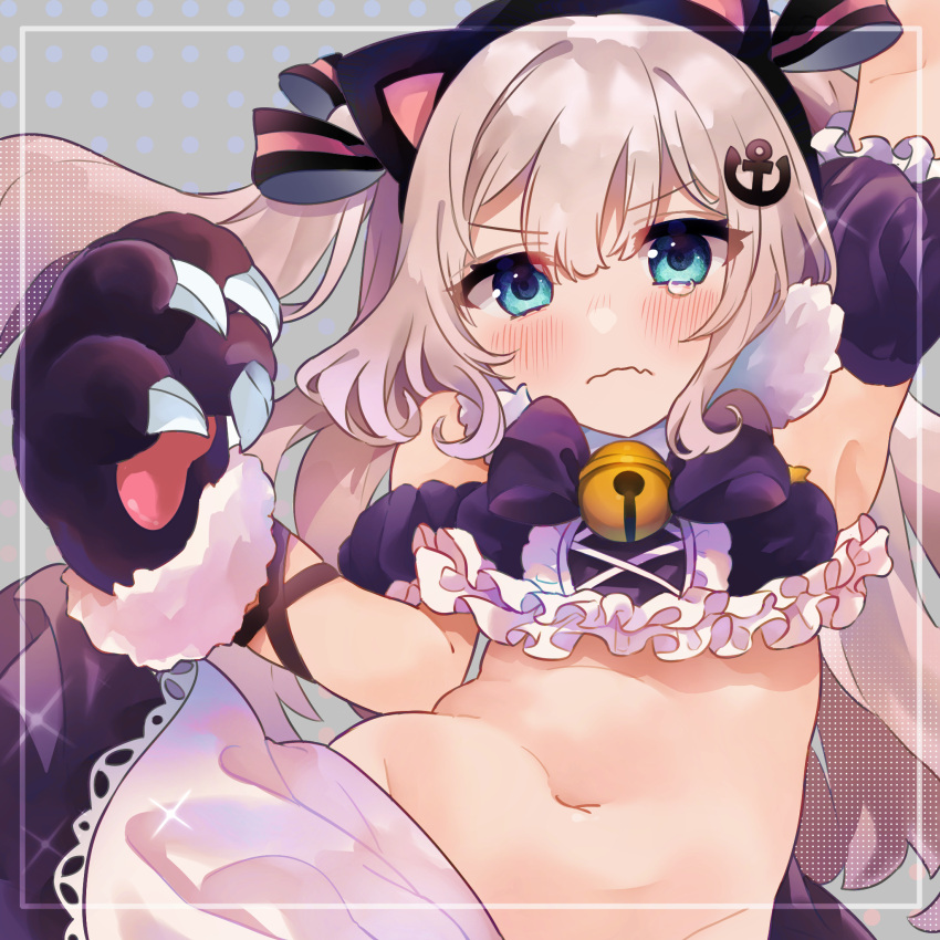 &gt;:( 1girl anchor_hair_ornament animal_ears animal_hands apron arm_up armpits azur_lane bangs bell blue_eyes bow bowtie cat_ears cat_paws claws commentary_request detached_sleeves eyebrows_visible_through_hair eyes_visible_through_hair fake_animal_ears gloves hair_between_eyes hair_bow hair_ornament hair_ribbon hairband hammann_(azur_lane) hammann_(hammanyan_pawnch!)_(azur_lane) highres long_hair looking_at_viewer maid_apron midriff navel paw_gloves ribbon sidelocks silver_hair simple_background solo takumi_mizuki tears two_side_up v-shaped_eyebrows