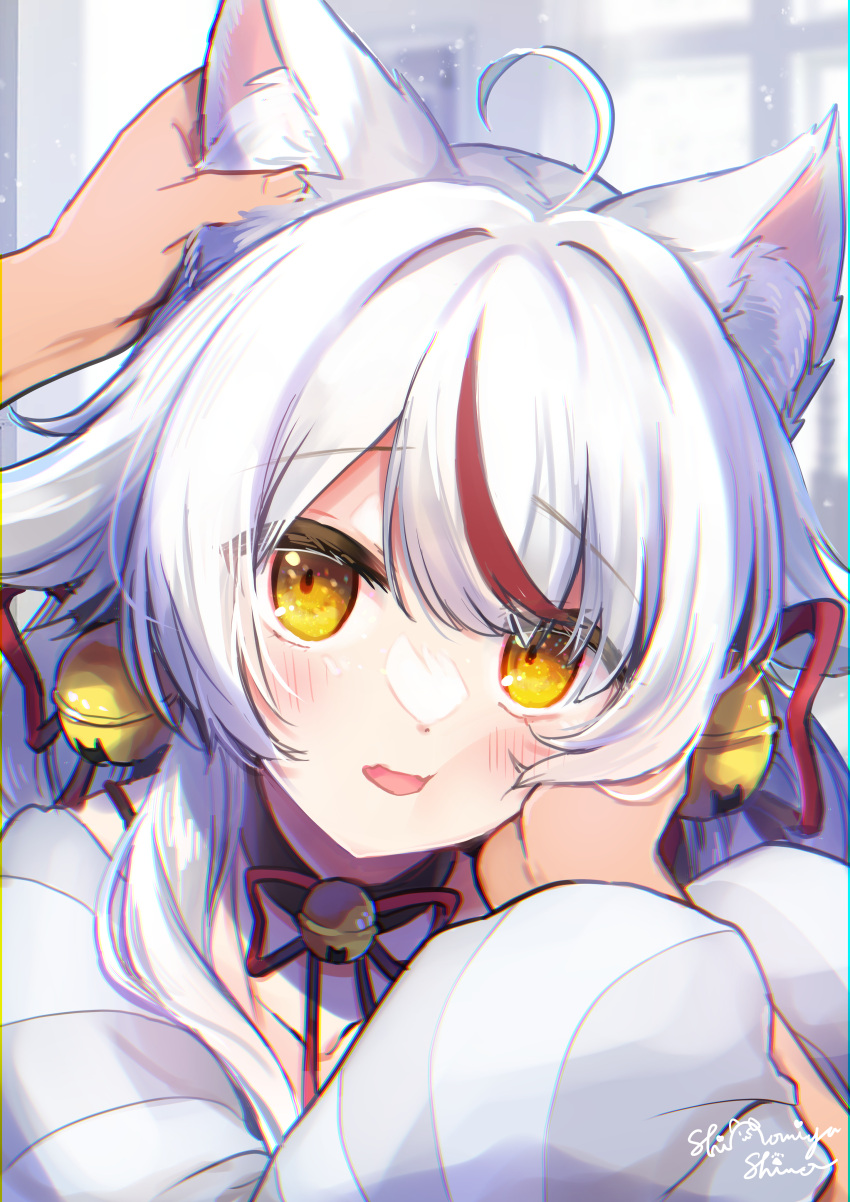 1girl absurdres ahoge animal_ear_fluff animal_ears bangs bell black_choker blush choker commentary_request commission ear_grab eyebrows_visible_through_hair fox_ears fox_girl hair_bell hair_between_eyes hair_ornament hair_ribbon hand_on_another's_cheek hand_on_another's_face highres indie_virtual_youtuber jingle_bell kamiko_kana long_sleeves looking_at_viewer multicolored_hair neck_ribbon open_mouth pov pov_hands red_ribbon redhead ribbon shinomiya_shino_(sinosino141) shirt skeb_commission sleeves_past_fingers sleeves_past_wrists solo streaked_hair striped striped_shirt upper_body virtual_youtuber white_hair yellow_eyes
