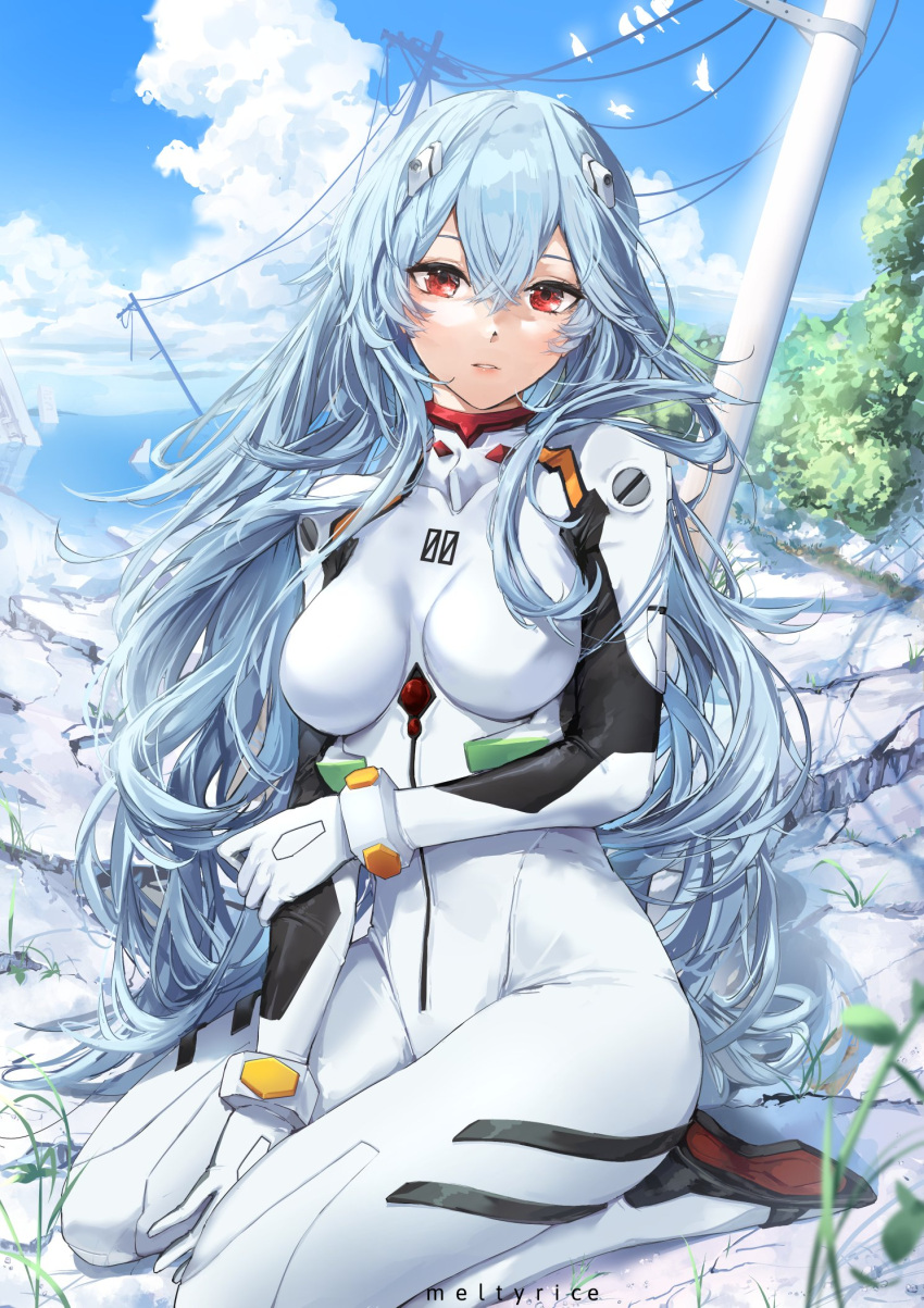 1girl ayanami_rei bangs blue_hair bodysuit breasts full_body hair_between_eyes hair_ornament highres interface_headset long_hair looking_at_viewer medium_breasts meltyrice neon_genesis_evangelion plugsuit red_eyes seiza sitting sky solo white_bodysuit