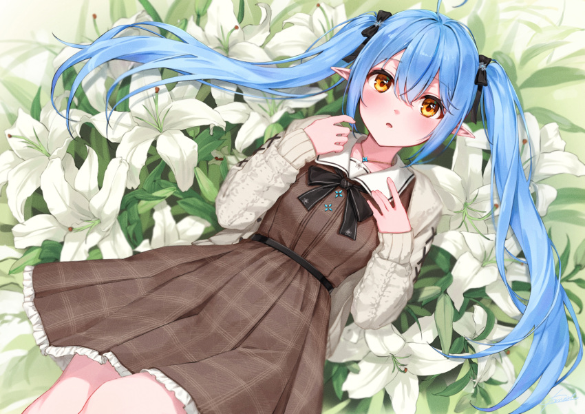 1girl absurdres ahoge bangs black_bow blue_hair blush bow brown_dress cardigan commentary dress elf eyebrows_visible_through_hair flower hair_between_eyes hair_bow hands_up highres hololive jewelry kanoe_(tatsukanoe) long_hair long_sleeves looking_at_viewer lying necklace on_back open_cardigan open_clothes parted_lips plaid plaid_dress pointy_ears solo twintails very_long_hair virtual_youtuber white_cardigan white_flower yellow_eyes yukihana_lamy