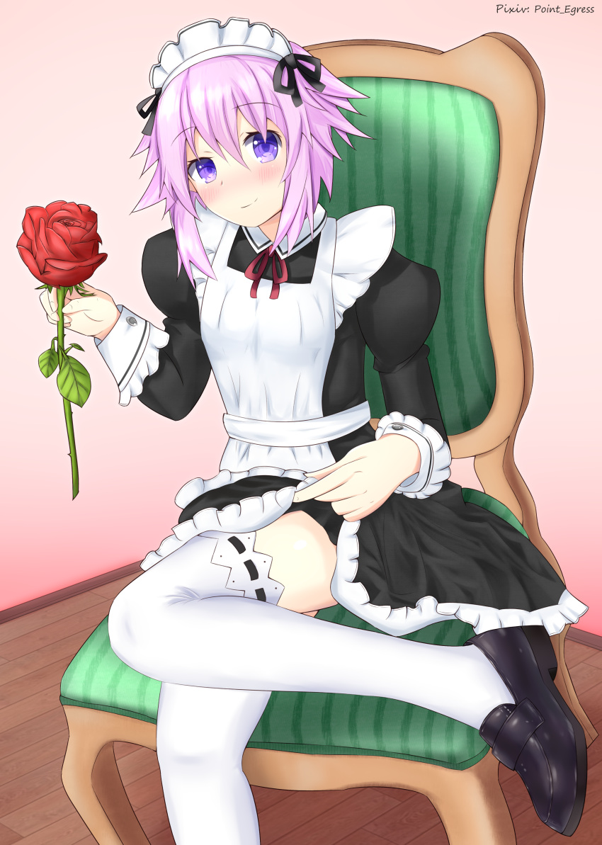 1girl absurdres alternate_costume apron apron_lift black_dress blush chair choujigen_game_neptune clothes_lift crossed_legs dress enmaided flower foot_out_of_frame frilled_apron frilled_dress frills hair_between_eyes hair_ornament highres holding holding_flower juliet_sleeves long_sleeves looking_at_viewer maid maid_apron maid_headdress neck_ribbon neptune_(neptune_series) neptune_(series) pink_background point_egress puffy_sleeves purple_hair ribbon ribbon-trimmed_legwear ribbon_trim self_upload short_hair_with_long_locks sitting skirt skirt_lift smile solo thigh-highs thighs violet_eyes white_apron white_headwear white_legwear wooden_floor