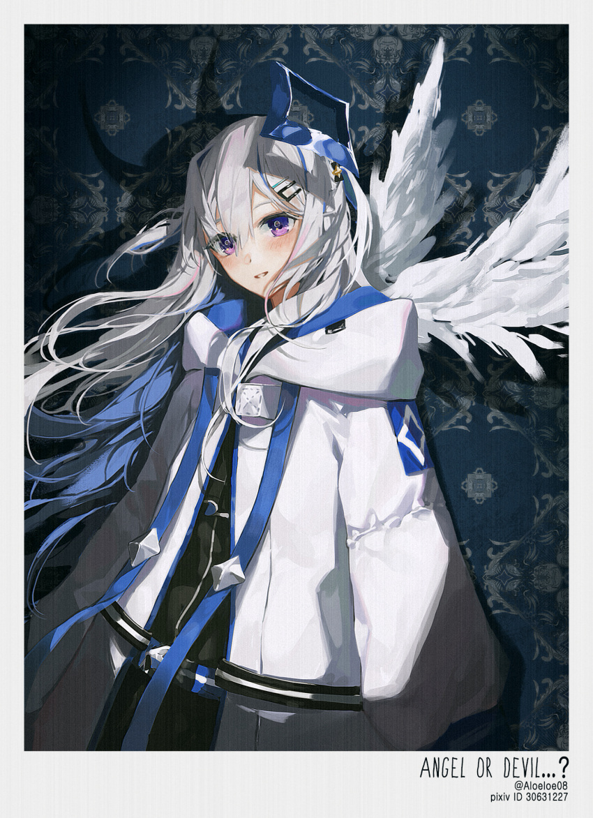 1girl amane_kanata angel angel_wings belt black_dress blue_belt blue_hair blush colored_inner_hair cowboy_shot dress feathered_wings hair_ornament hair_over_one_eye hairclip halo highres hololive jacket long_hair long_sleeves looking_at_viewer multicolored_hair parted_lips pixiv_id puffy_long_sleeves puffy_sleeves rurumad shadow short_dress silver_hair single_hair_intake smile solo star_halo twitter_username two_side_up violet_eyes virtual_youtuber white_jacket white_wings wings